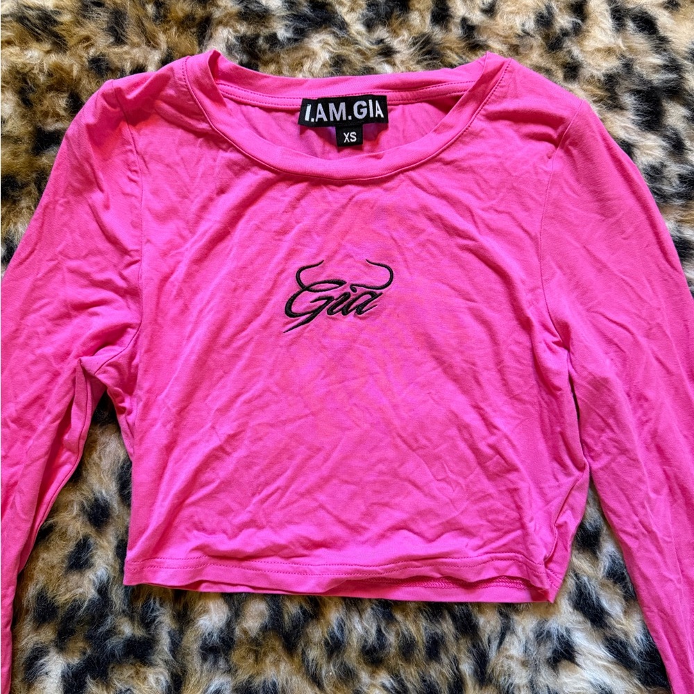 I.AM.GIA Hot Pink Long-Sleeve Cropped Top with Script Logo